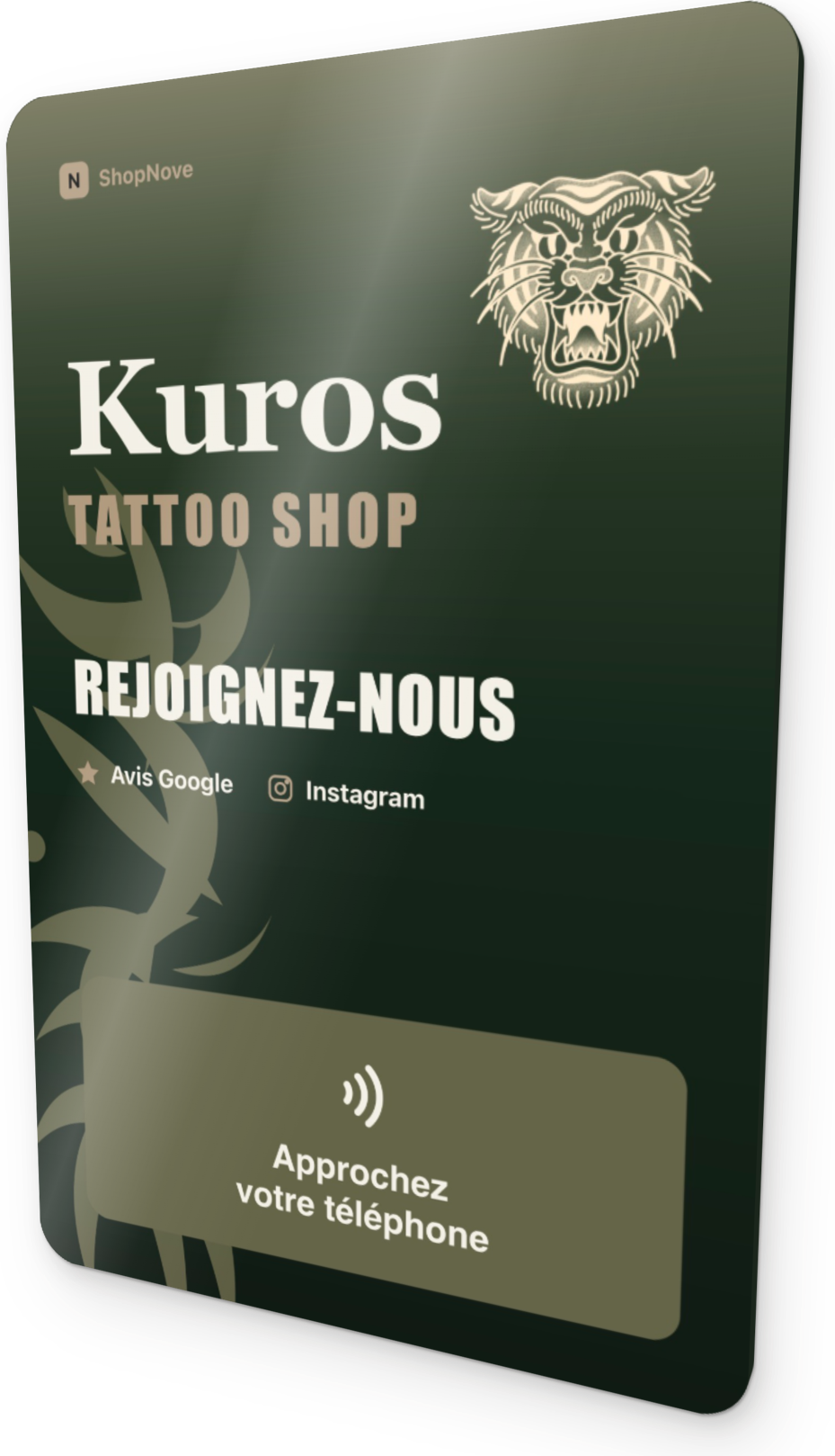 Carte connectée ShopNove aux couleurs de Kuros Tattoo Shop